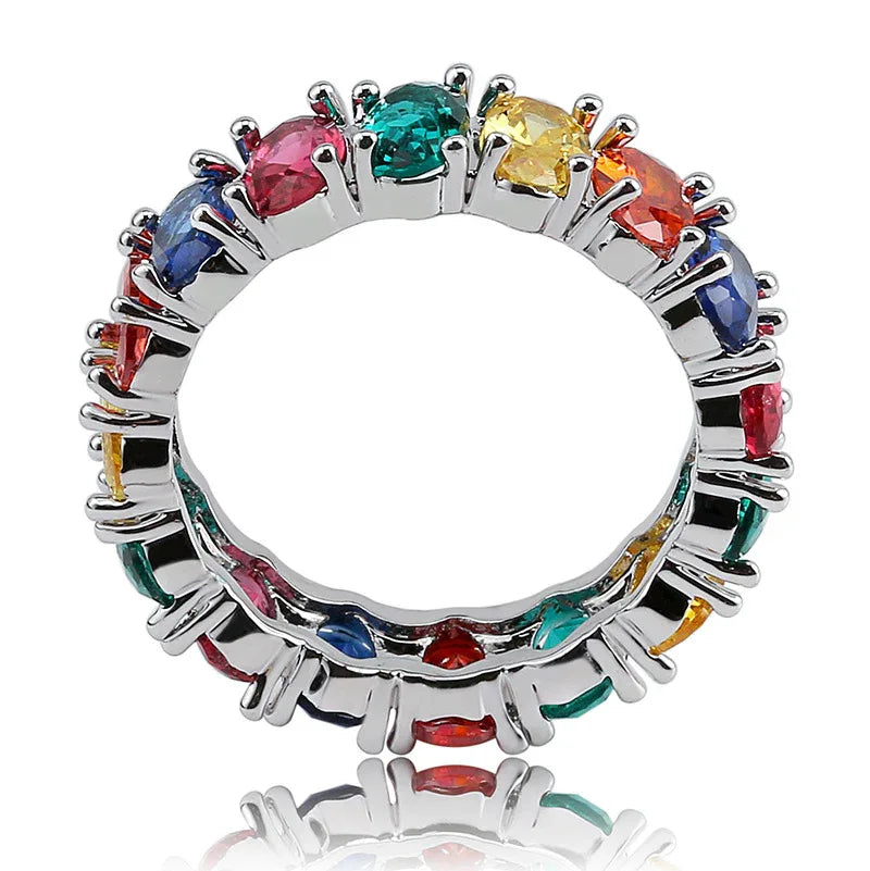 Dainty Rainbow Eternity Ring | Slim Iced Out Hip Hop Band | Caratix