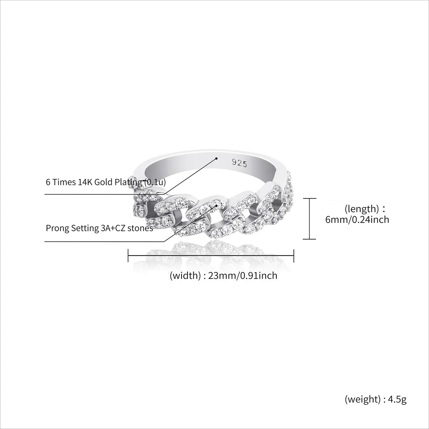 Solid 925 Sterling Silver Cuban Link Ring | Iced Out Hip Hop Band | Caratix
