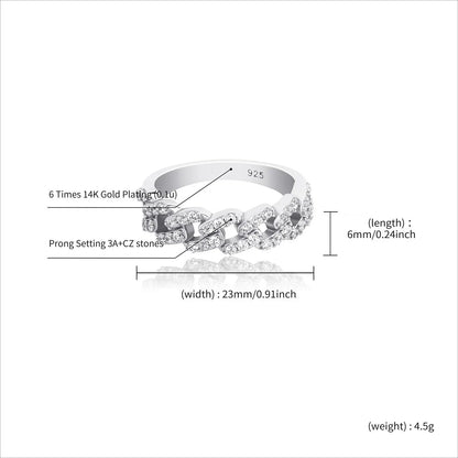 Solid 925 Sterling Silver Cuban Link Ring | Iced Out Hip Hop Band | Caratix