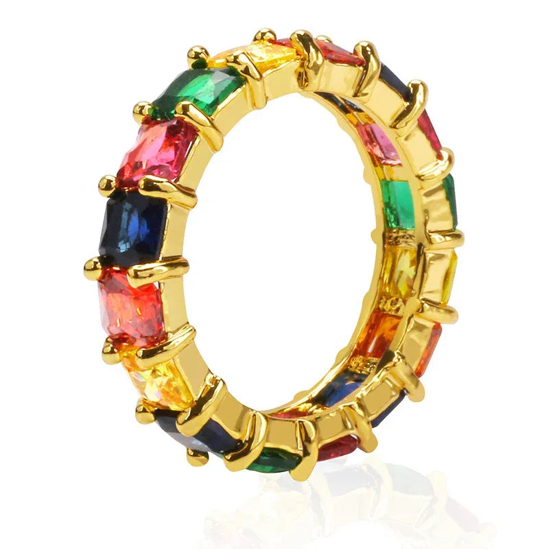 Dainty Rainbow Eternity Ring | Slim Iced Out Hip Hop Band | Caratix