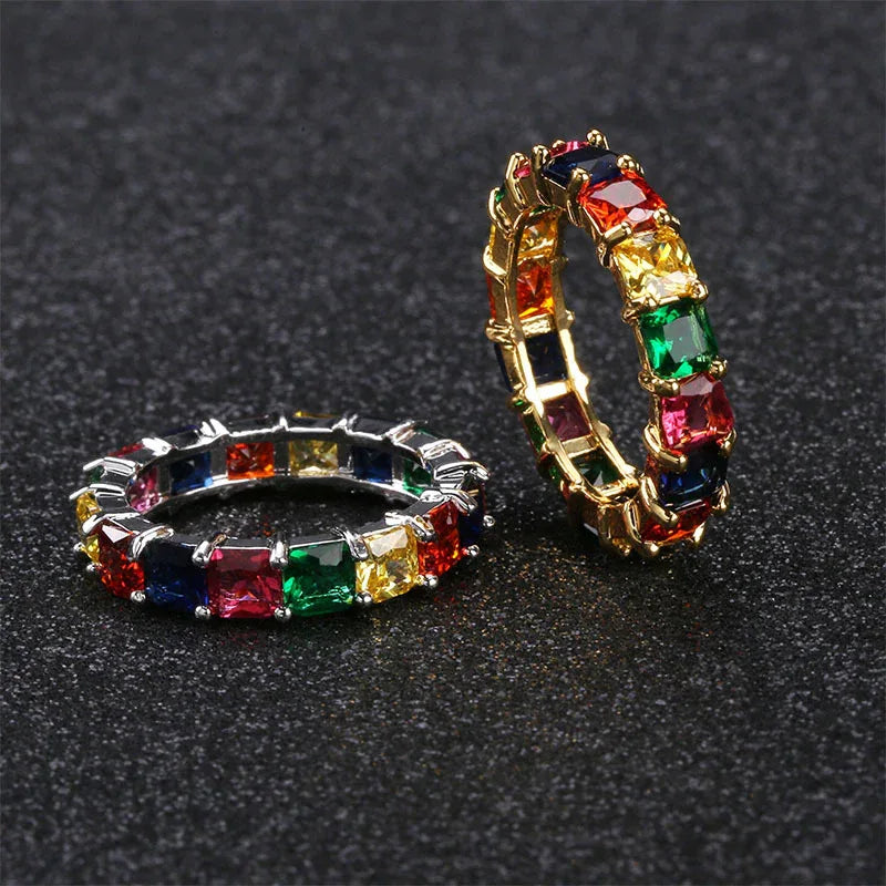 Dainty Rainbow Eternity Ring | Slim Iced Out Hip Hop Band | Caratix