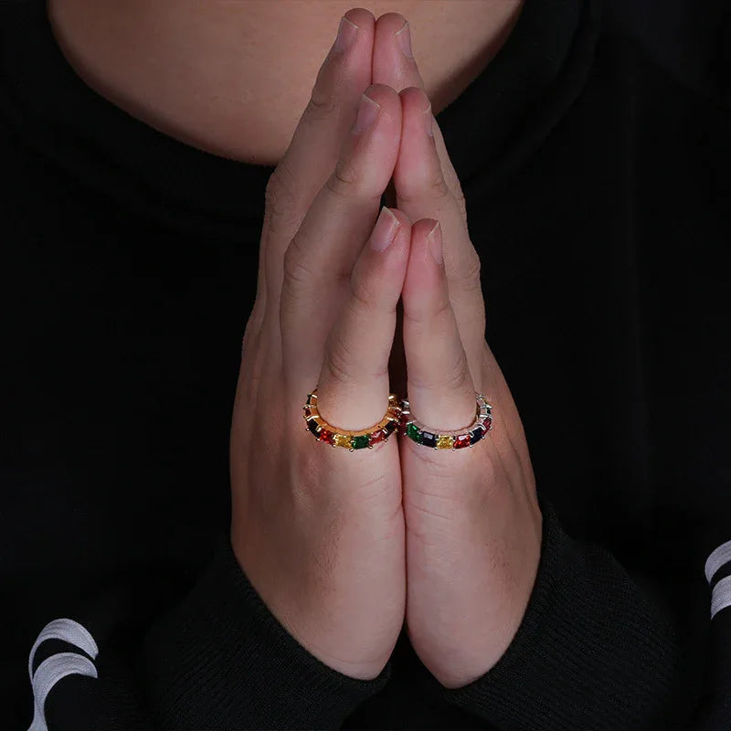 Dainty Rainbow Eternity Ring | Slim Iced Out Hip Hop Band | Caratix