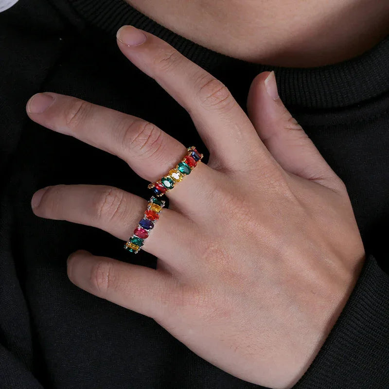 Dainty Rainbow Eternity Ring | Slim Iced Out Hip Hop Band | Caratix