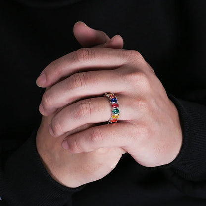 Dainty Rainbow Eternity Ring | Slim Iced Out Hip Hop Band | Caratix