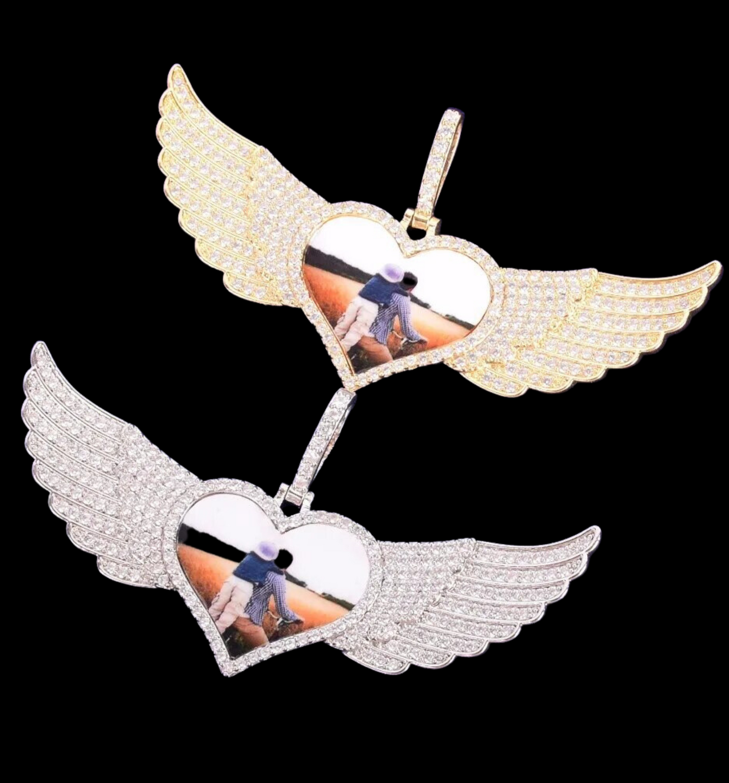 Long Wings Heart Custom Photo Pendant Necklace – Personalized Iced Out Picture Jewelry for Men and Women