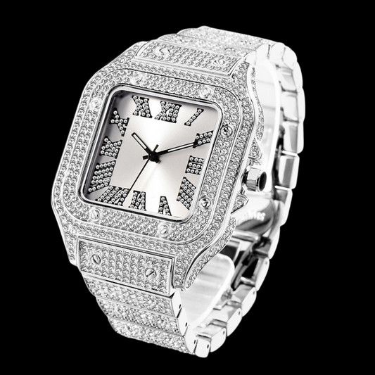 Square White Gold Dial VVS Numerals Iced Out Diamond Watch – Luxury Hip Hop Timepiece