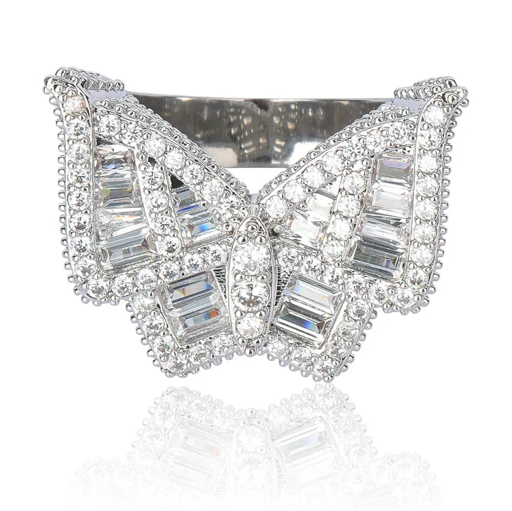 Men's Baguette Cut Butterfly Ring | Iced Out T-Stone Hip Hop Band | Caratix