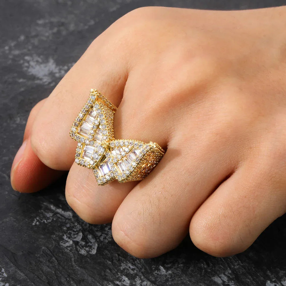 Men's Baguette Cut Butterfly Ring | Iced Out T-Stone Hip Hop Band | Caratix