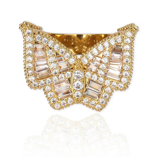 Men's Baguette Cut Butterfly Ring | Iced Out T-Stone Hip Hop Band | Caratix