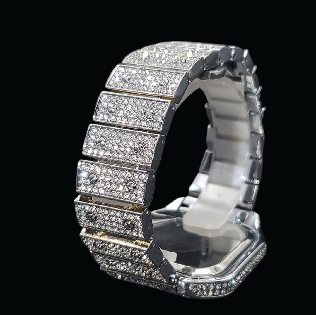 Square Blue Dial VVS Numerals Iced Out Diamond Watch 