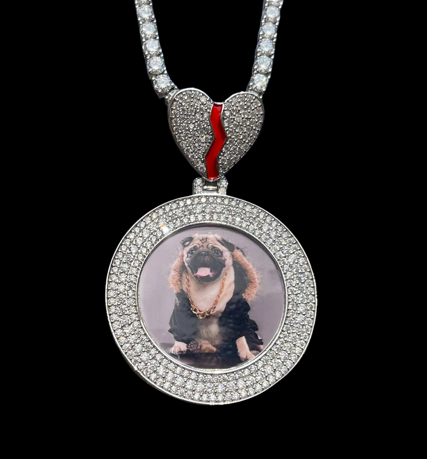 Triple Tennis Broken Heart Custom Photo Pendant Necklace – Iced Out Hip Hop Jewelry