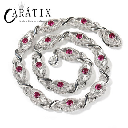 CARÁTIX Red Eyes Infinity Cuban Link Chain Necklace – 5A+ CZ Iced Out Hip Hop Bling Jewelry for Men | Rose & Silver Rapper Gift