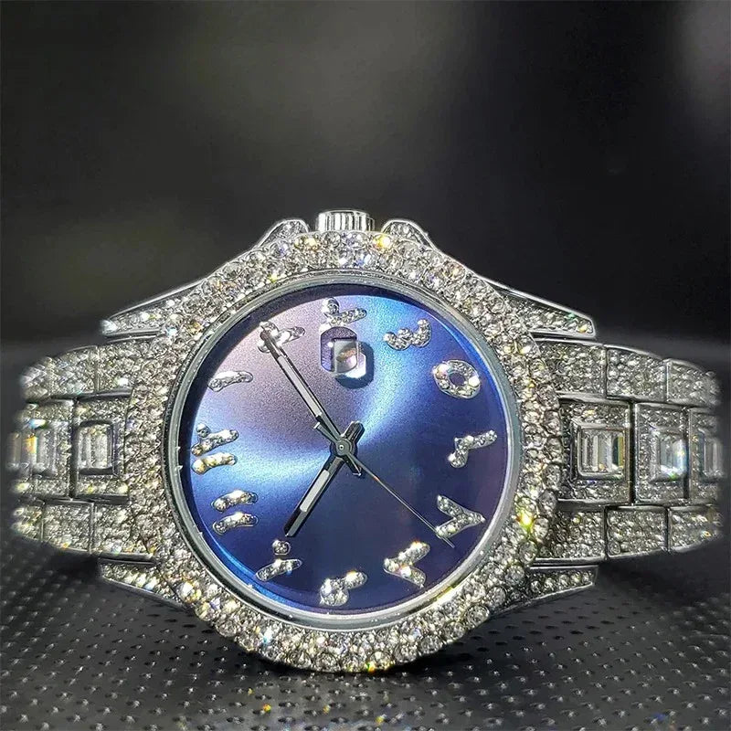 Luxury Blue Arabic Men's Watch | Iced Out Watch with Dial | New Business Stainless Steel Quartz Wristwatch | Waterproof Male Clock | Caratix - CaratixJewelry