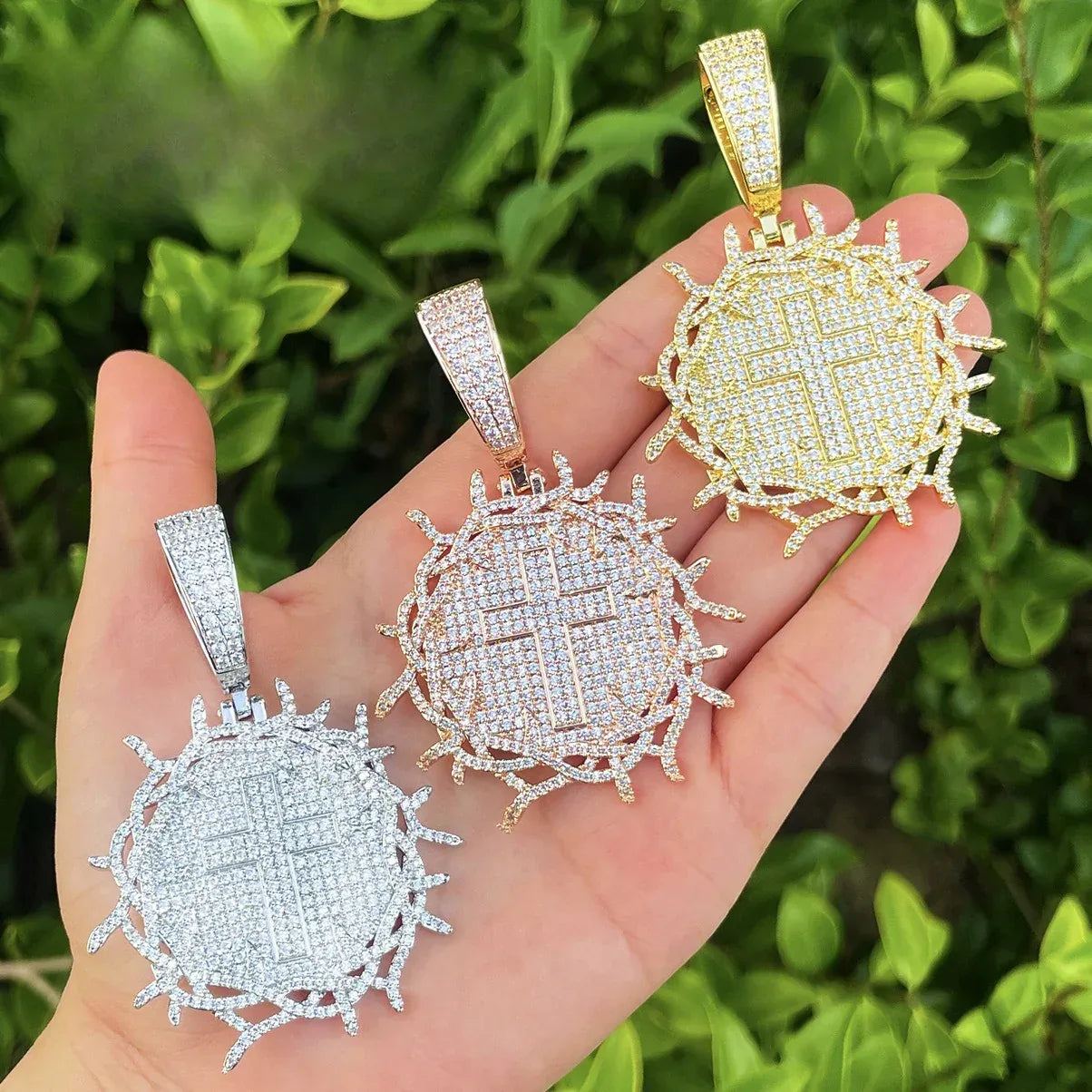 Iced Out Thorns Disc Cross Pendant | Men's Real Copper CZ Shield Necklace - CaratixJewelry