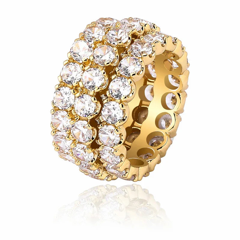 Men's Iced Out Triple-Row Zirconia Ring | Large Stone Hip Hop Band | Caratix