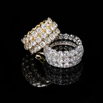 Men's Iced Out Triple-Row Zirconia Ring | Large Stone Hip Hop Band | Caratix