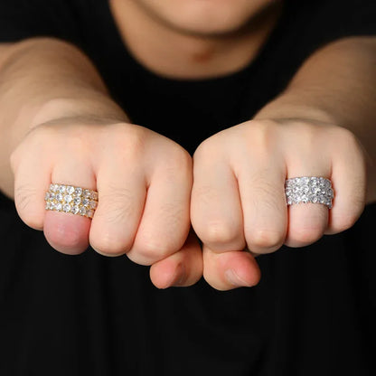 Men's Iced Out Triple-Row Zirconia Ring | Large Stone Hip Hop Band | Caratix