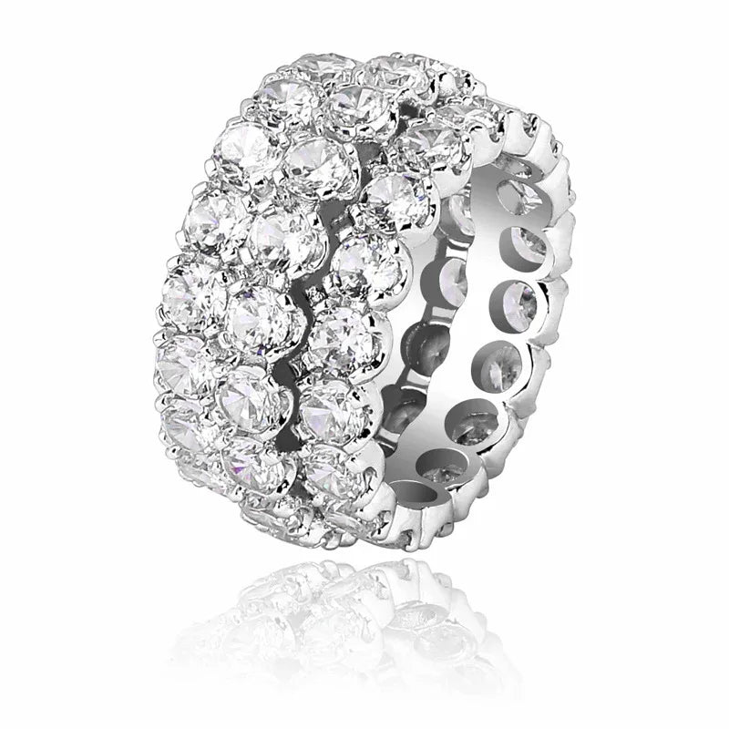 Men's Iced Out Triple-Row Zirconia Ring | Large Stone Hip Hop Band | Caratix