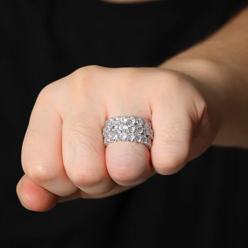 Men's Iced Out Triple-Row Zirconia Ring | Large Stone Hip Hop Band | Caratix