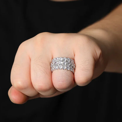 Men's Iced Out Triple-Row Zirconia Ring | Large Stone Hip Hop Band | Caratix