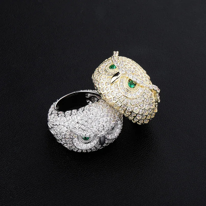 Men's Iced Out Owl Ring | Ruby Eye Hip Hop Totem Band | Caratix