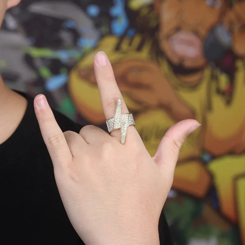 Bold Lightning Bolt Hip Hop Ring | Iced Out Zirconia Band | Caratix