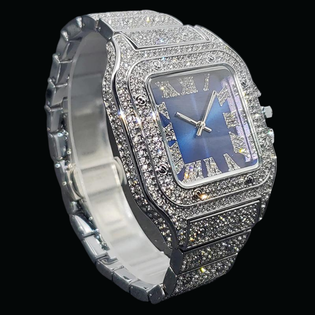 Square Blue Dial VVS Numerals Iced Out Diamond Watch 