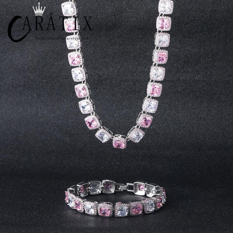 CARÁTIX White & Pink CZ Tennis Chain | Iced Out Square Hip Hop Necklace for Men & Women (16"-22")