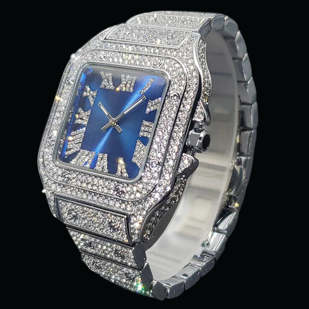Square Blue Dial VVS Numerals Iced Out Diamond Watch 