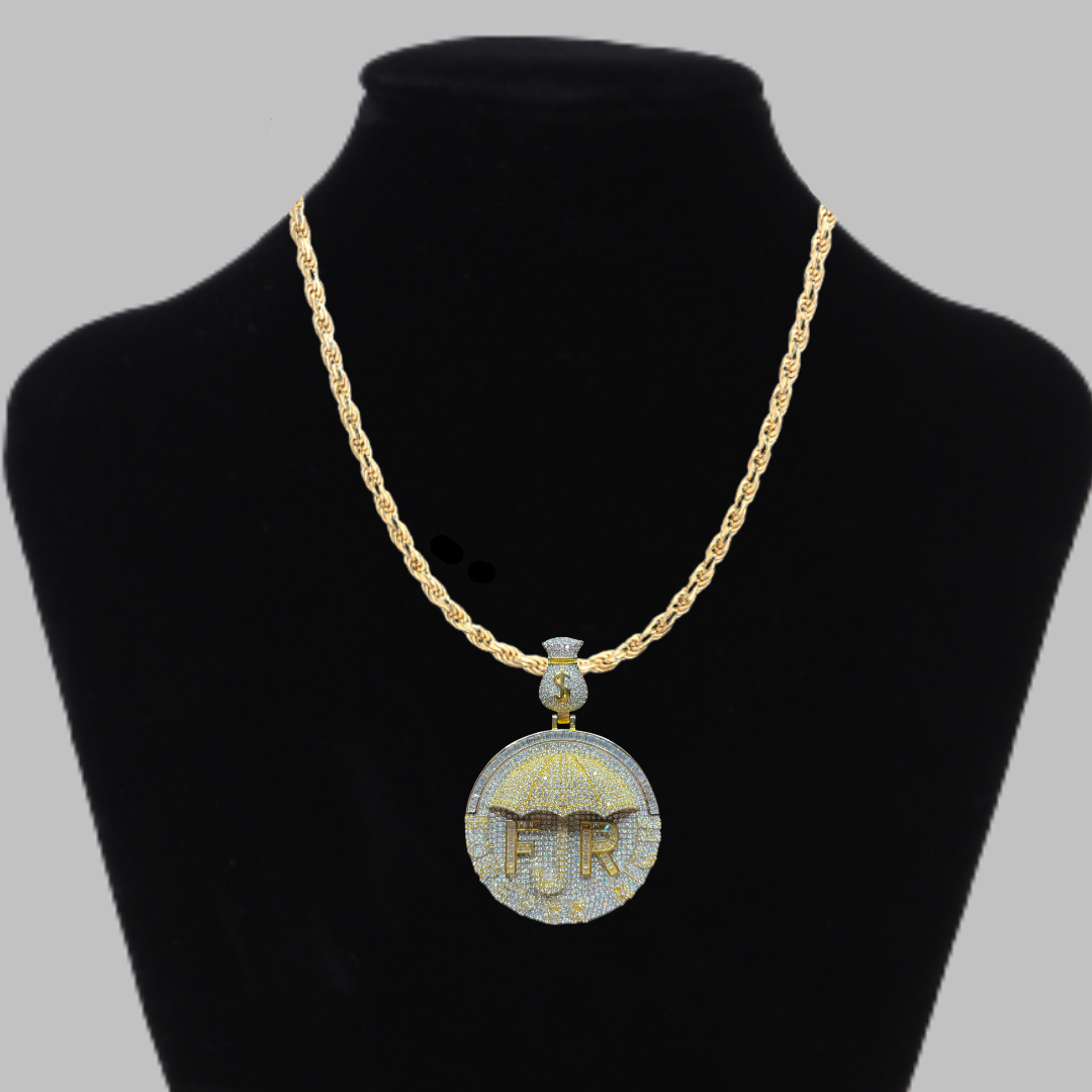 Forever Rich Umbrella Money Bag Bail Iced Out Letter Diamond Pendant Necklace – Custom Hip Hop Jewelry for Men