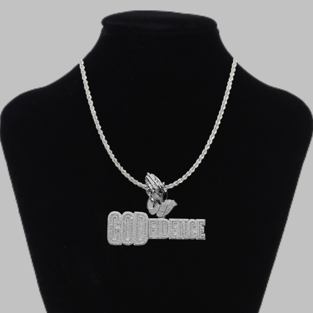 God Fidence Praying Hands Bail Iced Out Letter Diamond Pendant Necklace – Custom Hip Hop Jewelry for Men