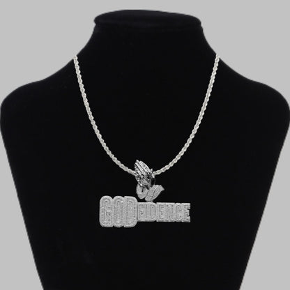 God Fidence Praying Hands Bail Iced Out Letter Diamond Pendant Necklace – Custom Hip Hop Jewelry for Men
