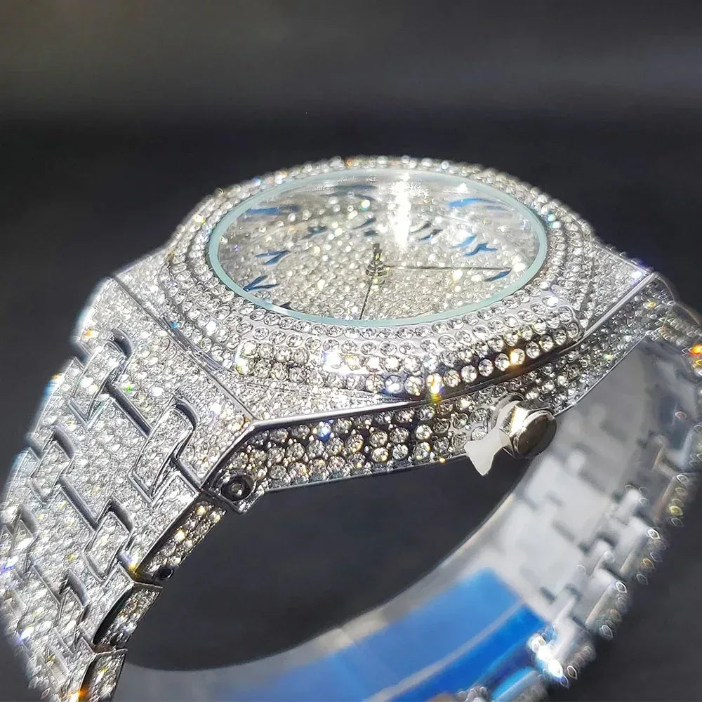 Luxury Octagonal Gold Watch for Men | Blue Numerals Full Iced Out Watch | Waterproof Calendar Hip Hop Wristwatch | Caratix - CaratixJewelry
