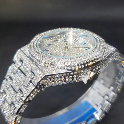Luxury Octagonal Gold Watch for Men | Blue Numerals Full Iced Out Watch | Waterproof Calendar Hip Hop Wristwatch | Caratix - CaratixJewelry