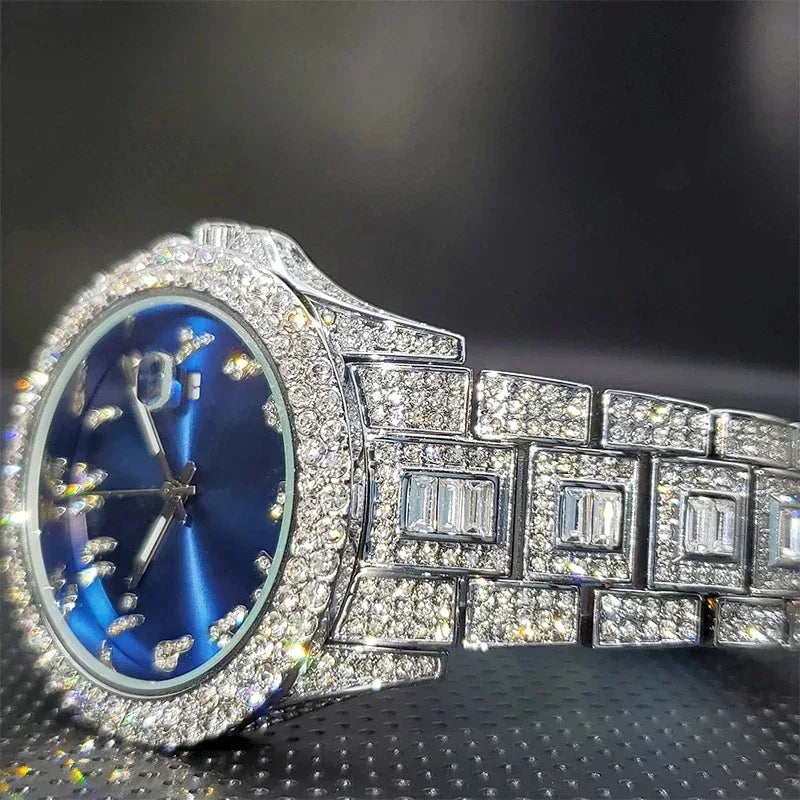Luxury Blue Arabic Men's Watch | Iced Out Watch with Dial | New Business Stainless Steel Quartz Wristwatch | Waterproof Male Clock | Caratix - CaratixJewelry