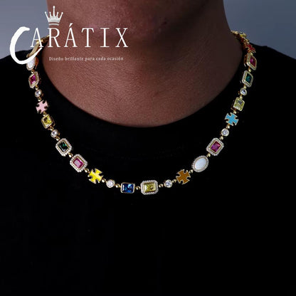 CARÁTIX -  10mm Custom Multi Color Enamel Bling Cz Stone Chain Silver Geometric Gemstone Motif  Chain Necklace Valentine's Day Gift for Men & Girls & Boys Mothers' Day Gift #Springtok