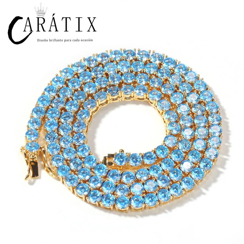 CARÁTIX - 4mm wide Pink/Blue Zircon Tennis Chokers Necklaces for Women Men Bling Iced Out 1 Row CZ Stone Link Chain Hip Hop Rapper Jewelry Valentine's Day Gift for Men & Girls & Boys Mothers' Day Gift #Springtok