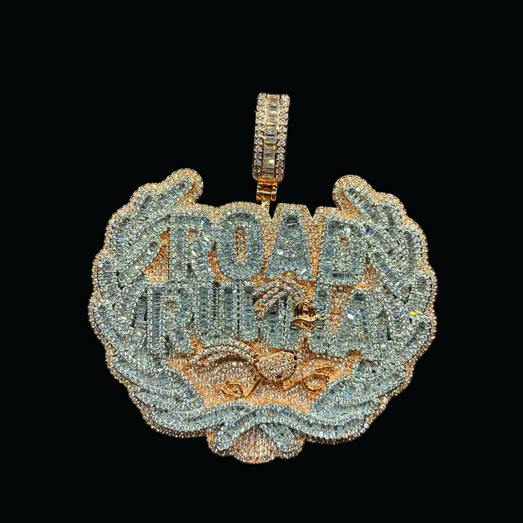 Road Runna Two Tone Badge Iced Out Letter Diamond Pendant Necklace