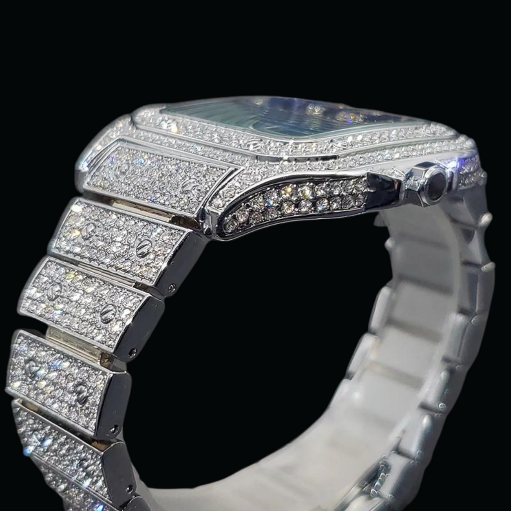Square Blue Dial VVS Numerals Iced Out Diamond Watch 