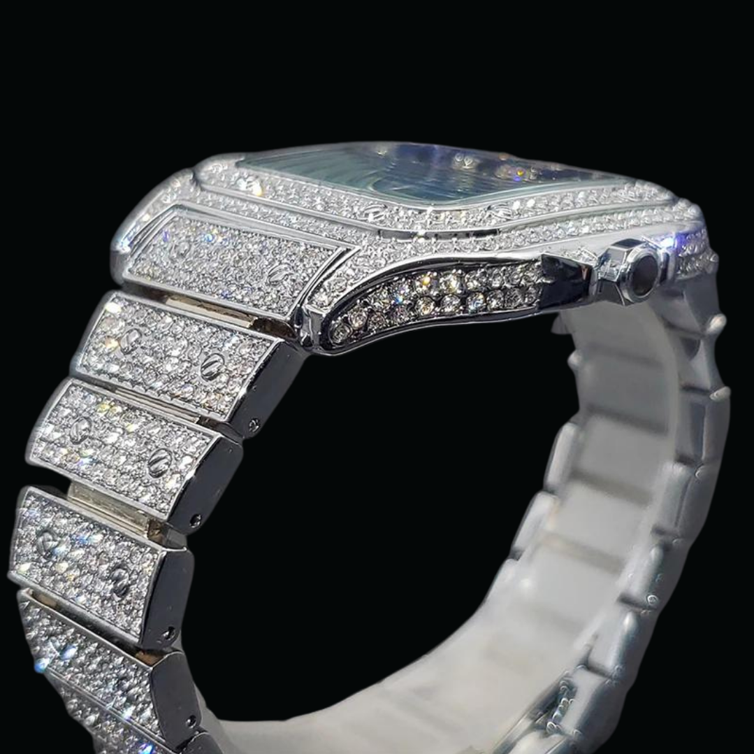 Square Blue Dial VVS Numerals Iced Out Diamond Watch 