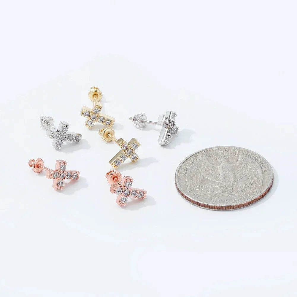 14K Rose Gold & .925 Silver Holy Cross Simulated Bling Earrings - CaratixJewelry