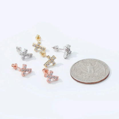 14K Rose Gold & .925 Silver Holy Cross Simulated Bling Earrings - CaratixJewelry