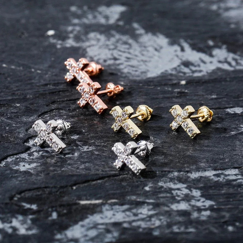 14K Rose Gold & .925 Silver Holy Cross Simulated Bling Earrings - CaratixJewelry