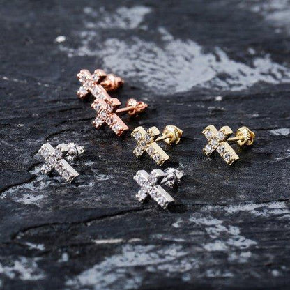 14K Rose Gold & .925 Silver Holy Cross Simulated Bling Earrings - CaratixJewelry