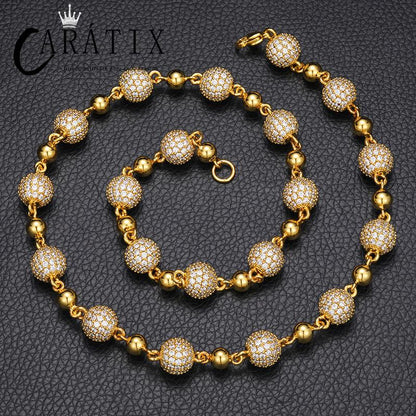 CARÁTIX - Hip Hop 5A CZ Stone Paved Bling Ice Out 10mm wide Beads Link Chain Necklace for Men Women Unisex Rapper Jewelry Gift Valentine's Day Gift for Men & Girls & Boys Mothers' Day Gift #Springtok