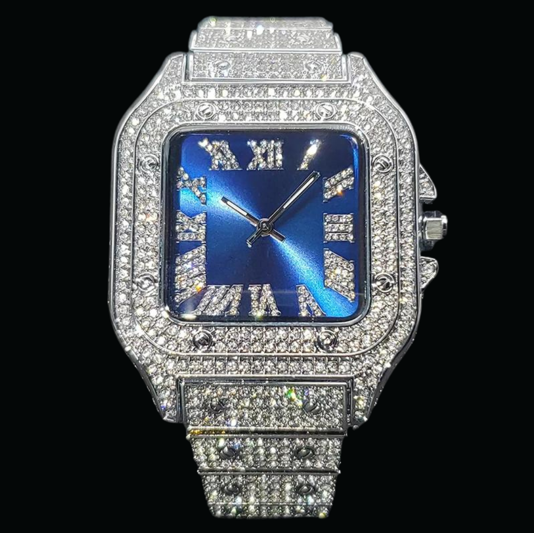 Square Blue Dial VVS Numerals Iced Out Diamond Watch 