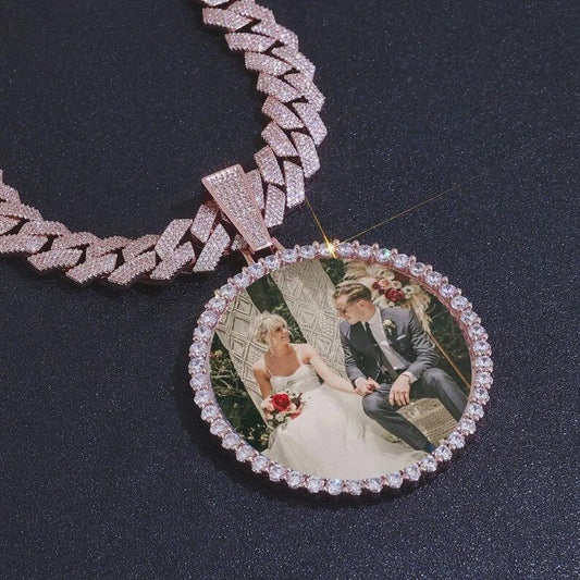 15mm Cuban Chain with Big Circle Photo Pendant Rose Gold Plated Hip Hop Picture Necklace Jewelry Gift Custom Letter/Name/Logo - CaratixJewelry