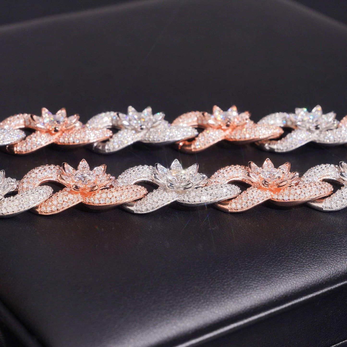 15mm Two-Tone Moissanite Cuban Link Chain – S925 Sterling Silver Crescent Flower Hip Hop Men’s Necklace - CaratixJewelry