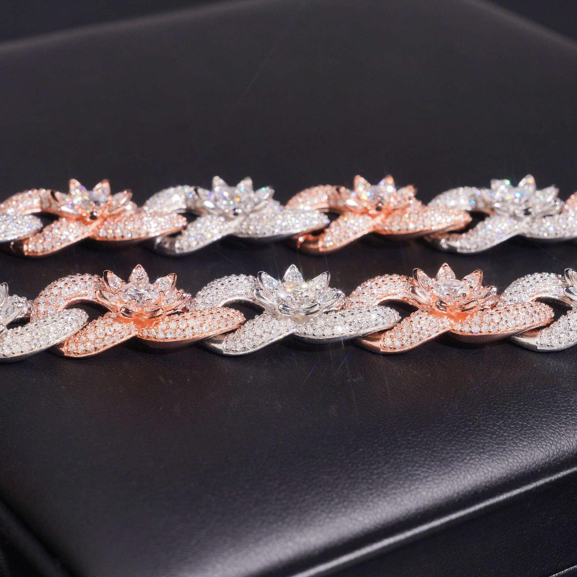 15mm Two-Tone Moissanite Cuban Link Chain – S925 Sterling Silver Crescent Flower Hip Hop Men’s Necklace - CaratixJewelry