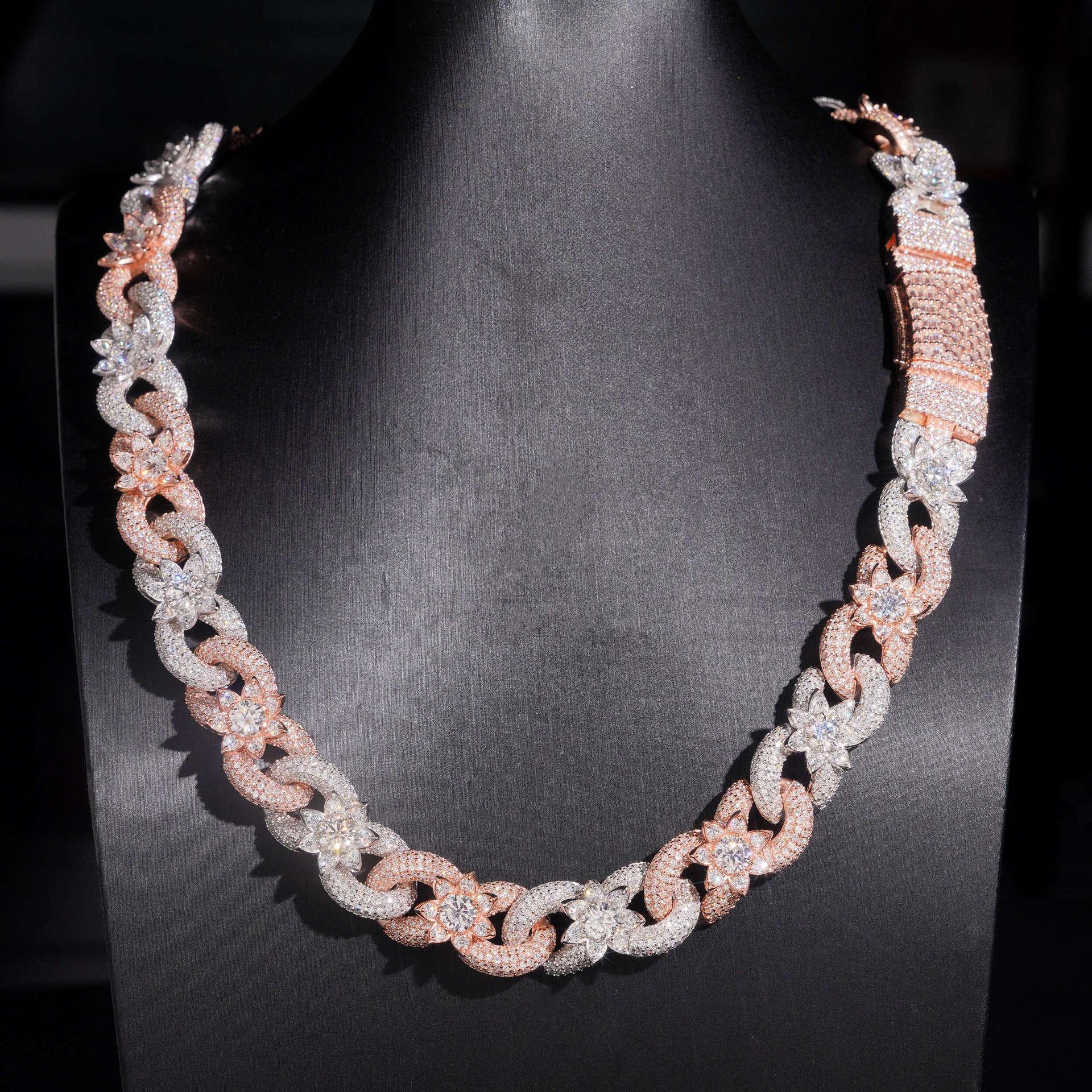 15mm Two-Tone Moissanite Cuban Link Chain – S925 Sterling Silver Crescent Flower Hip Hop Men’s Necklace - CaratixJewelry